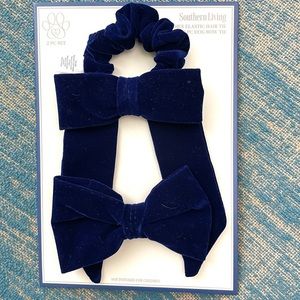 Blue velvet 2 pc set. Hair tie + dog bow tie.